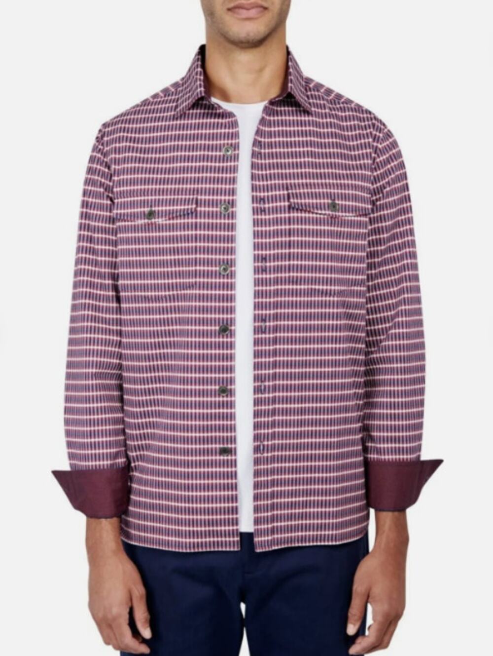 CONSTRUCT Mens Shirt Jacket Small Red Navy Blue Micro Plaid Fleece Lined NWOT